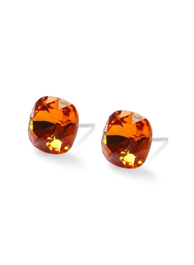 Seona Seona Sophia 10mm Cushion Cut Crystal Earrings – Hypoallergenic Stud Earrings for Women, Tarnish‑Free Stainless Steel Jewelry for Sensitive Ears - Tangerine